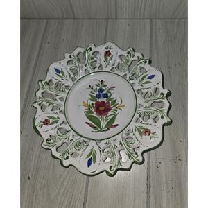Vintage Hand-Painted Portuguese Pottery Decorative Wall Plate Floral Pierced 10"